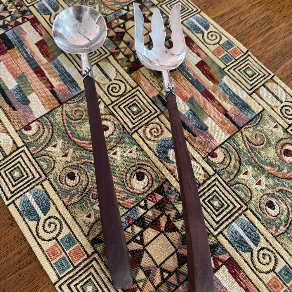 Mid-Century Sterling Silver Salad Servers Wood Handle 13” Plata Mexico‎ DF